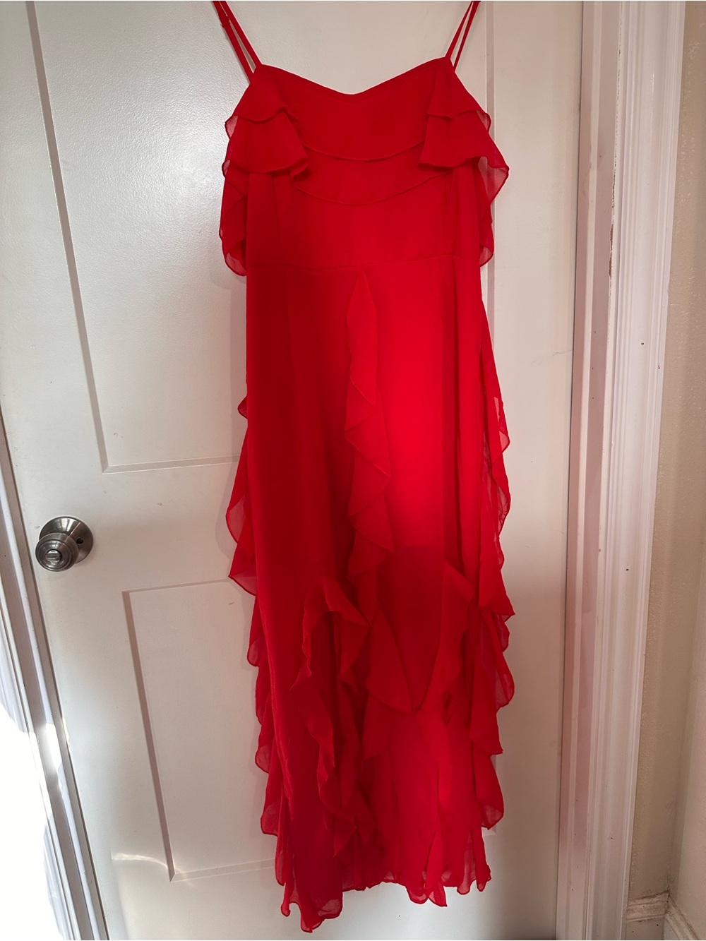 Red Ruffled Spaghetti Strap Maxi Dress
